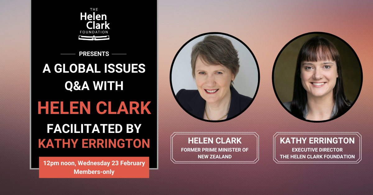 Image featuring the webinar title – 'A Global Issues Q&A with Helen Clark' – and images of Helen Clark and Kathy Errington